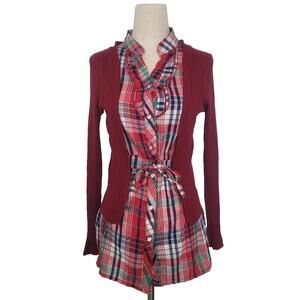 Vintage Y2K Sunshine Plaid Ruffle Cardigan Blouse Size S Red Preppy Teacher Twee